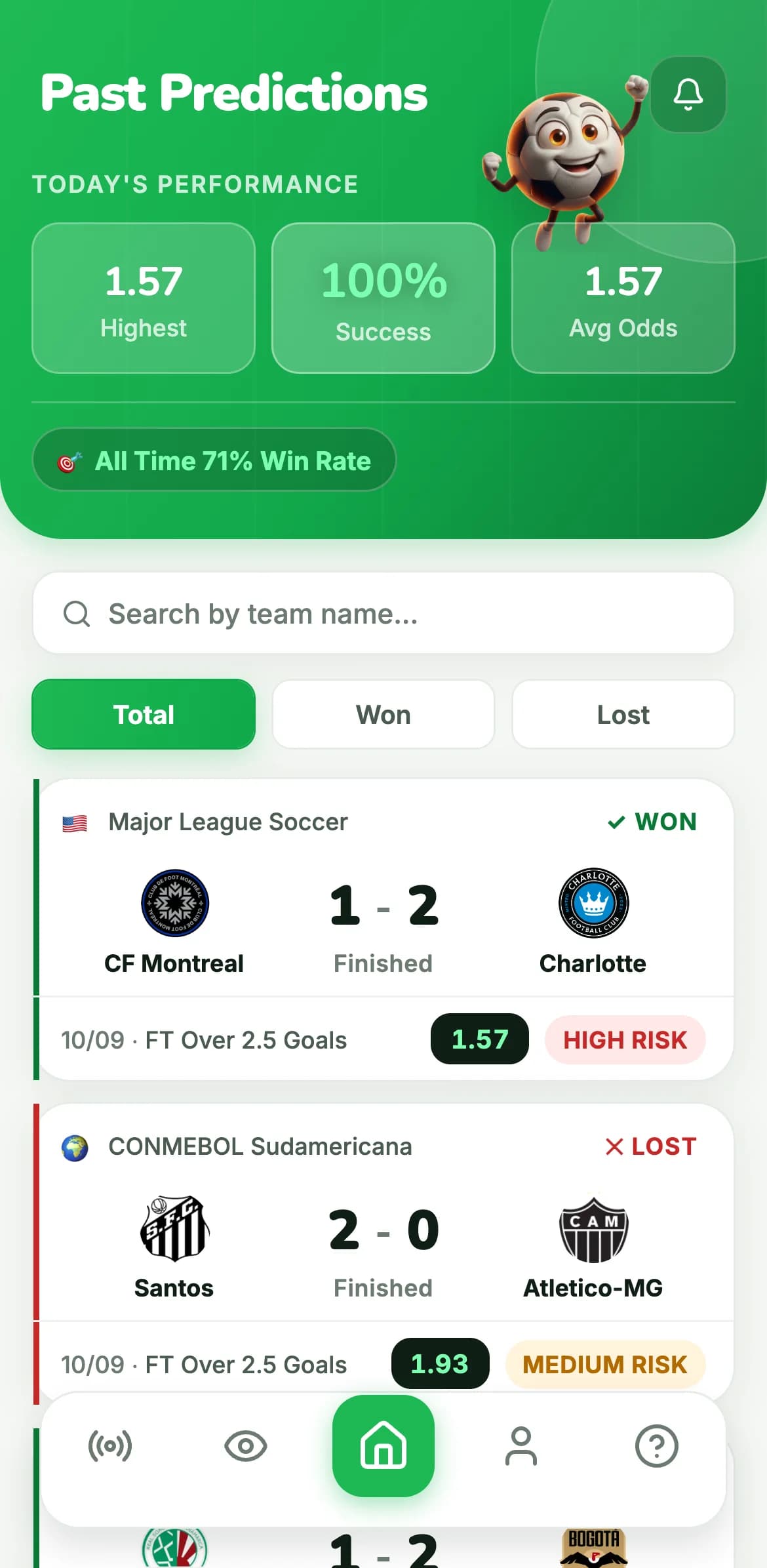 GoalVibe past predictions screen listing settled picks as WON or LOST