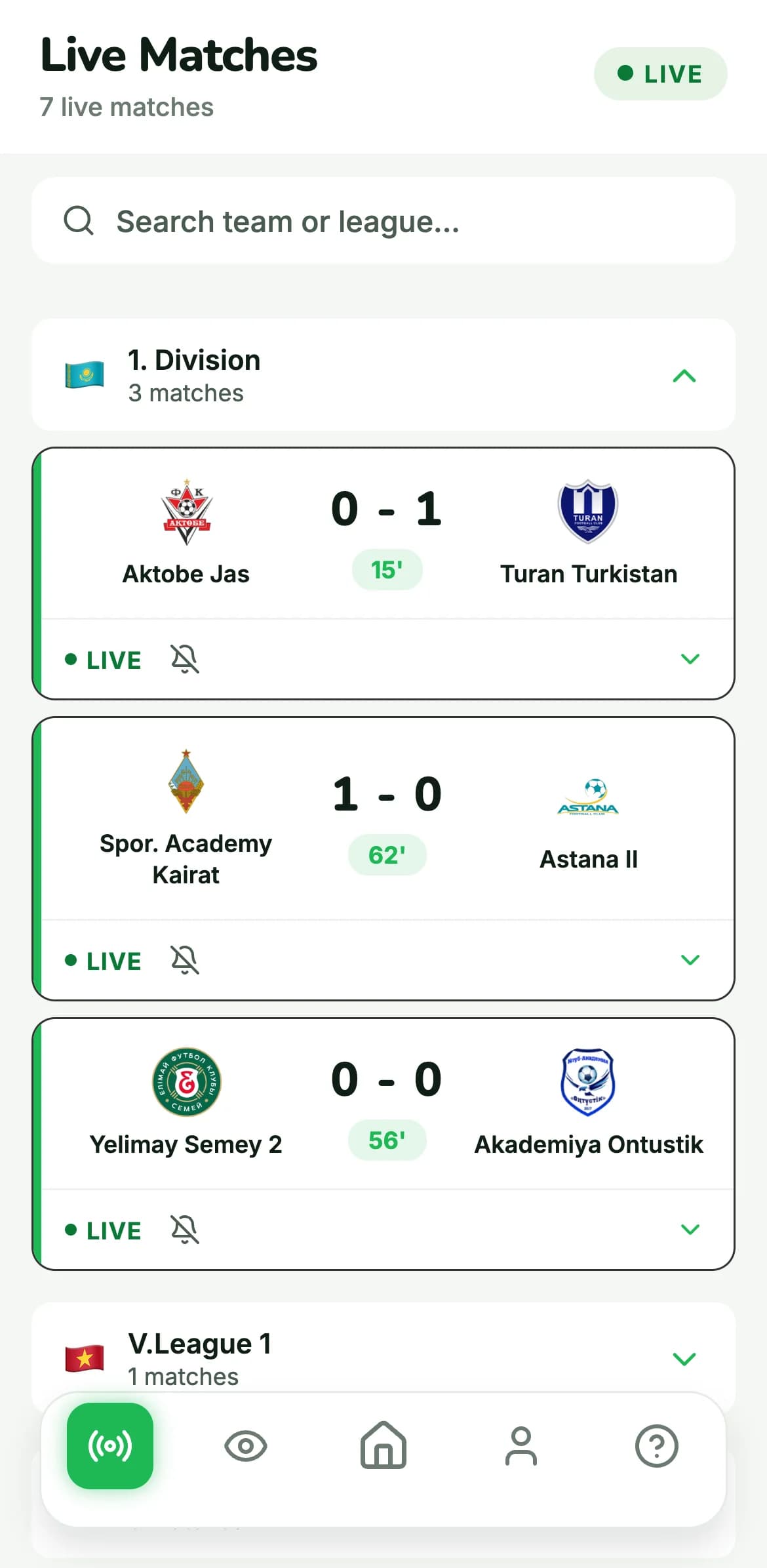 GoalVibe live matches screen showing fixtures in play with the running minute