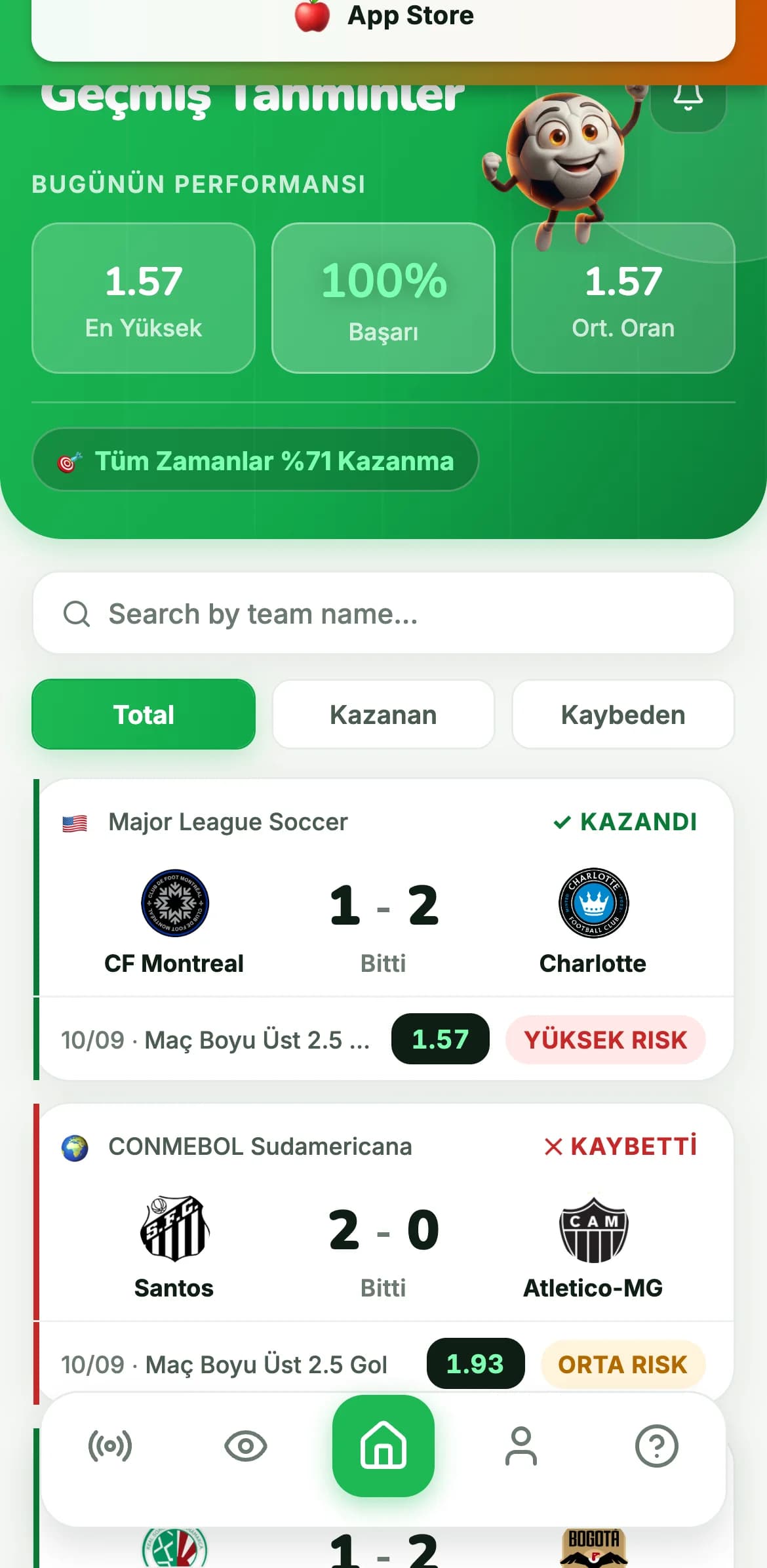 GoalVibe geçmiş tahminler ekranı; sonuçlanan tahminler KAZANAN veya KAYBEDEN olarak