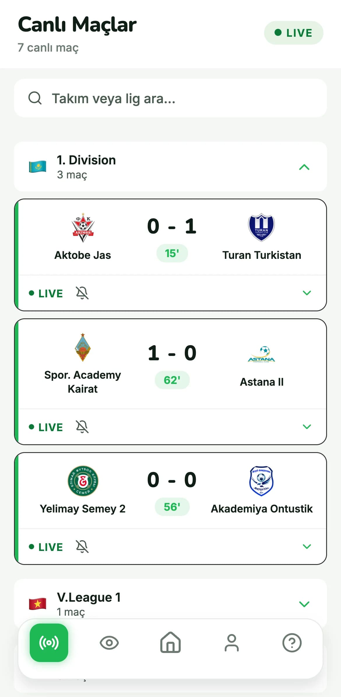 GoalVibe canlı maç ekranı; oynanan maçlar ve güncel dakikalar